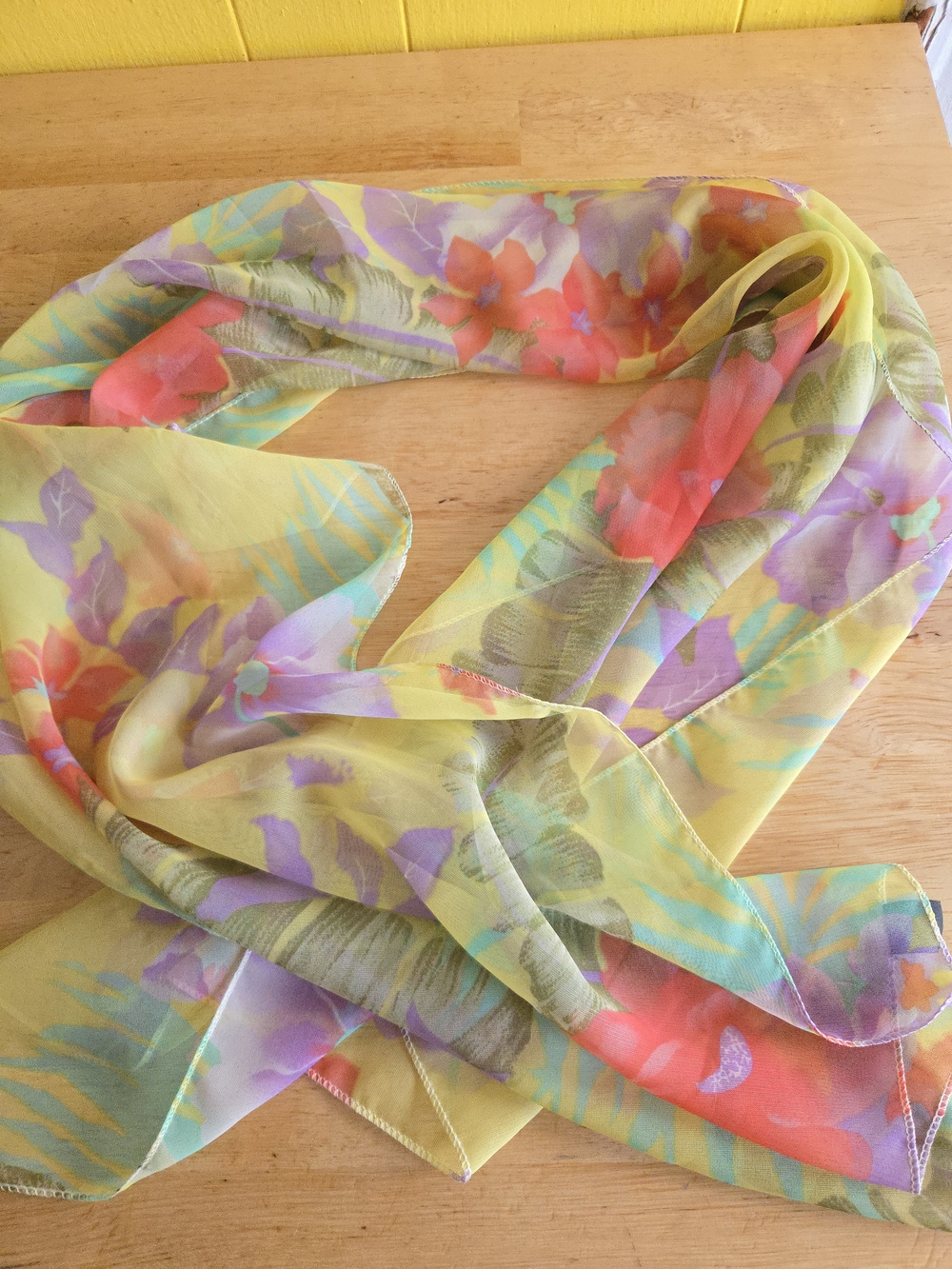 Floral Sheer Scarf in Yellow and Coral